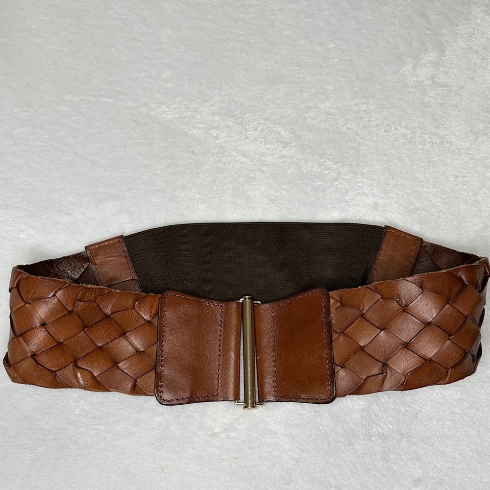 Wide Brown Woven Leather Waist Belt M/L